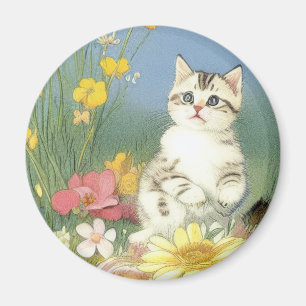 Vintage Kitten Illustration mit gelben Blumen Magnet
