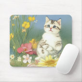 Vintage Kitten Illustration mit gelben Blumen Mousepad (Mit Mouse)