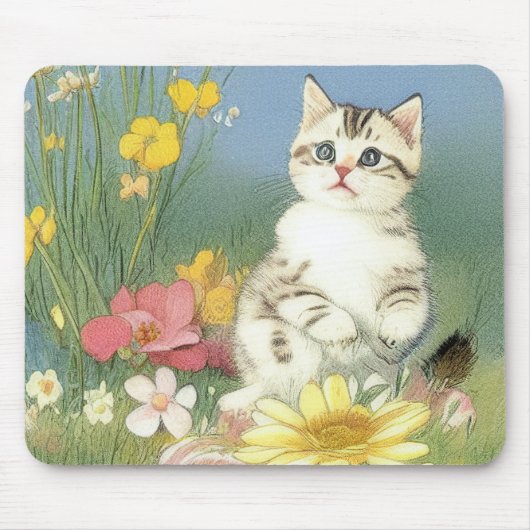 Vintage Kitten Illustration mit gelben Blumen Mousepad (Vorne)
