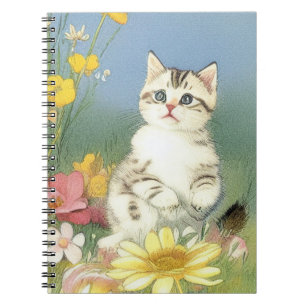 Vintage Kitten Illustration mit gelben Blumen Notizblock