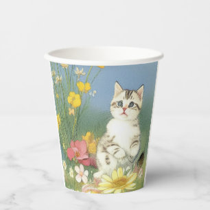 Vintage Kitten Illustration mit gelben Blumen Pappbecher