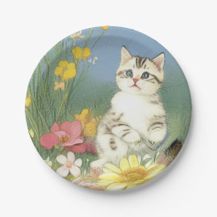 Vintage Kitten Illustration mit gelben Blumen Pappteller