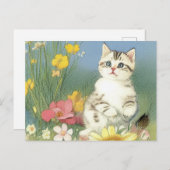 Vintage Kitten Illustration mit gelben Blumen Postkarte (Vorne/Hinten)