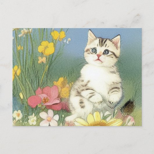 Vintage Kitten Illustration mit gelben Blumen Postkarte (Vorderseite)