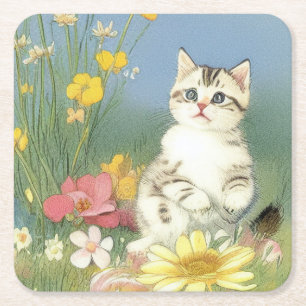 Vintage Kitten Illustration mit gelben Blumen Rechteckiger Pappuntersetzer