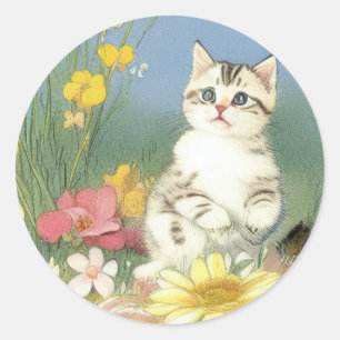 Vintage Kitten Illustration mit gelben Blumen Runder Aufkleber