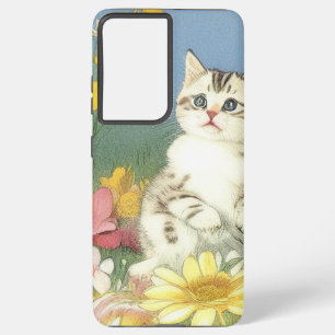 Vintage Kitten Illustration mit gelben Blumen Samsung Galaxy Hülle