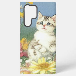 Vintage Kitten Illustration mit gelben Blumen Samsung Galaxy Hülle