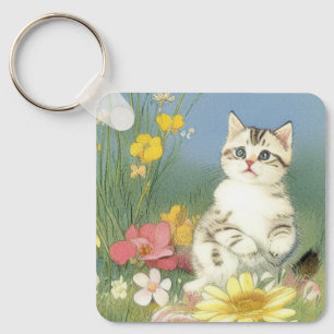 Vintage Kitten Illustration mit gelben Blumen Schlüsselanhänger