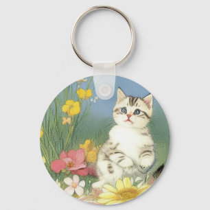 Vintage Kitten Illustration mit gelben Blumen Schlüsselanhänger