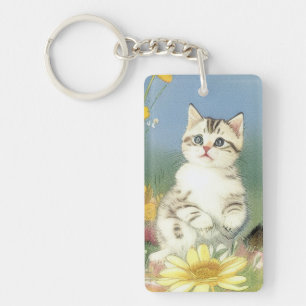 Vintage Kitten Illustration mit gelben Blumen Schlüsselanhänger