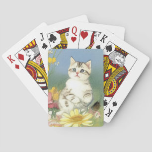 Vintage Kitten Illustration mit gelben Blumen Spielkarten