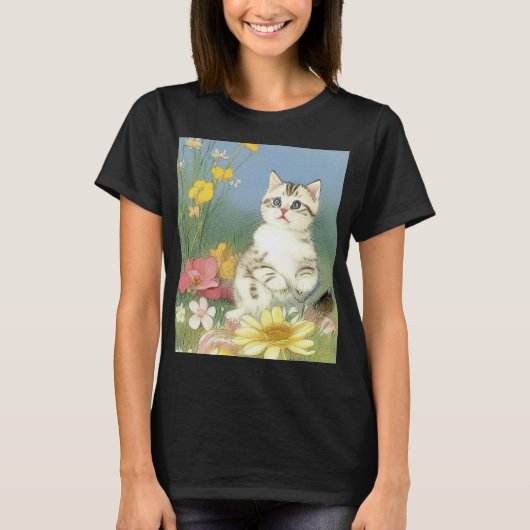 Vintage Kitten Illustration mit gelben Blumen T-Shirt (Vorderseite)