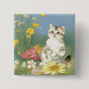 Vintage Kitten Illustration with Yellow Flowers Button