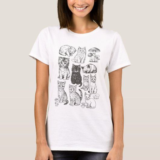 Vintage Kitten Line Art with Woodland Mushrooms T-Shirt (Vorderseite)