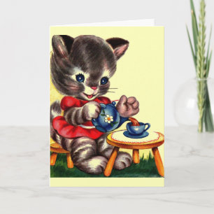 Vintage Kitten Tea Party Greeting Card Karte