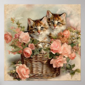 Vintage Kittens Basket Pink Floral Cottage Decor Poster (Vorne)