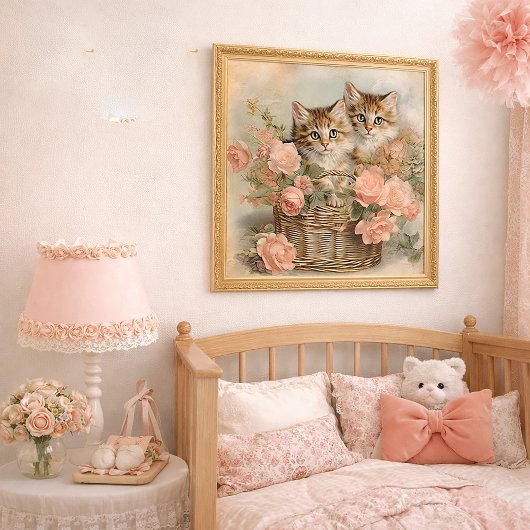 Vintage Kittens Basket Pink Floral Cottage Decor Poster