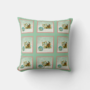 Vintage Kitty Cat in Minze Grün und Rosa Kariert Kissen
