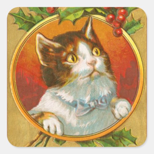 Vintage Kitty Cat Weihnachten Weihnachtsaufkleber Quadratischer Aufkleber (Vorderseite)