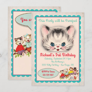 Vintage-Kitty-Katze-Geburtstags-Einladung Einladung