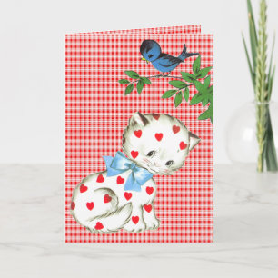 Vintage Kitty mit einem Vogel Geburtstag Karte