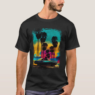 Vintage-Klassiker-Auto und Palmenbaum-Sonnenunterg T-Shirt
