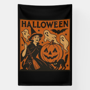 Vintage, klassische Halloween-Hexe, Geist & Kürbis Banner