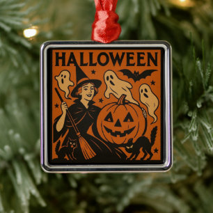 Vintage, klassische Halloween-Hexe, Geist & Kürbis Ornament Aus Metall