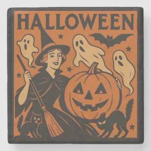 Vintage, klassische Halloween-Hexe, Geist & Kürbis Steinuntersetzer