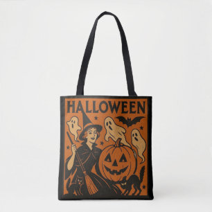 Vintage, klassische Halloween-Hexe, Geist & Kürbis Tasche