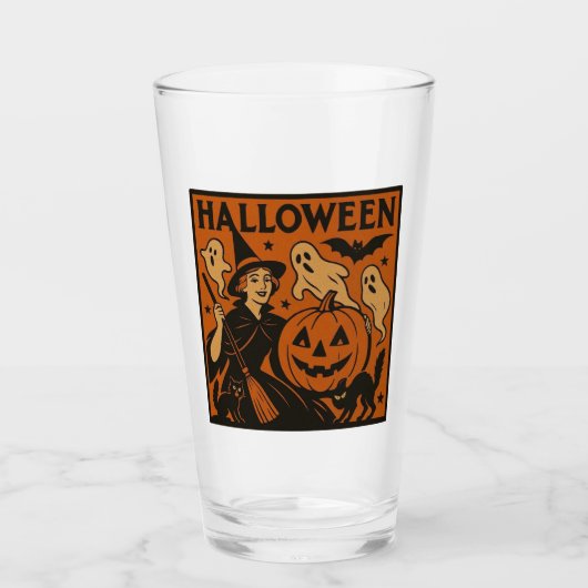 Vintage, klassische Halloween-Hexe, Gespenst & Kür Glas (Vorderseite)