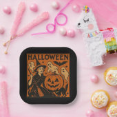 Vintage, klassische Halloween-Hexe, Gespenst & Kür Pappteller (Party)