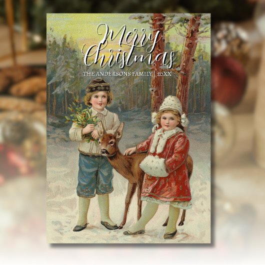 Vintage klassische Winterkinder mit Hirschgeflecht Feiertagskarte