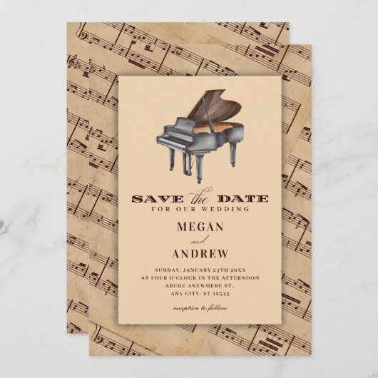 Vintage Klavierhochzeit Save The Date (Vorne/Hinten)
