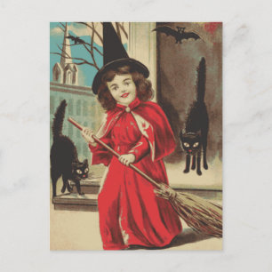 Vintage kleine Halloween-Hexe und schwarze Katzen Feiertagspostkarte