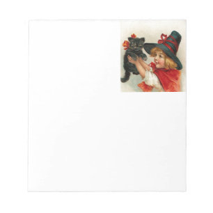 Vintage kleine Hexe Halloweens, die schwarze Katze Notizblock