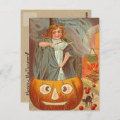 Vintage kleine Hexe in einem KürbisHalloween Postkarte (Vorne/Hinten)