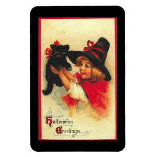 Vintage kleine Hexe mit Kätzchen Magnet