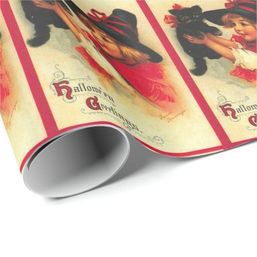 Vintage kleine Hexe mit Kitty Geschenkpapier (Rolleneckpunkt)