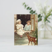 Vintage kleine Mädchen Fütternd Hirschweihnachtsfe Feiertagspostkarte (Stehend Vorderseite)