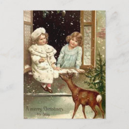 Vintage kleine Mädchen Fütternd Hirschweihnachtsfe Feiertagspostkarte