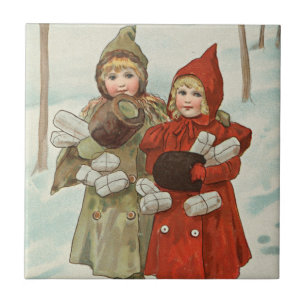 Vintage kleine Mädchen mit Paketen Fliese