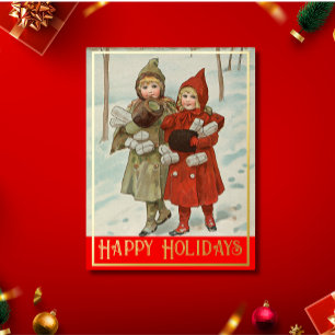 Vintage kleine Mädchen mit Parzellen - goldener Fo Folien Feiertagspostkarte