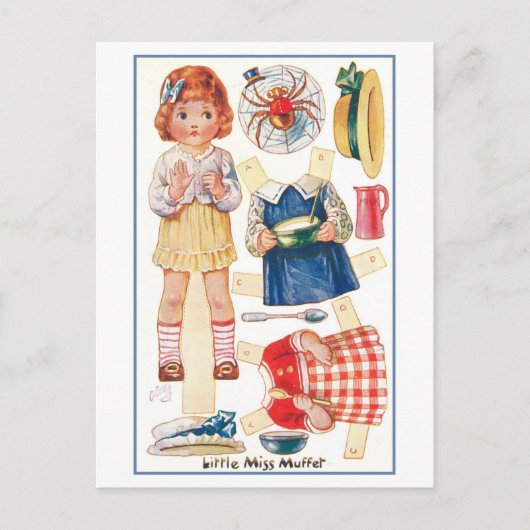 Vintage kleine Miss Muffet Papierpuppe Postkarte (Vorderseite)