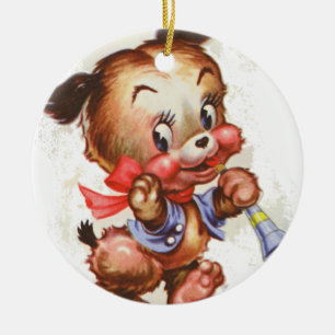 Vintage kleiner Junge Hund mit Horn Keramikornament