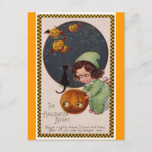 vintage-kleines-mädchen-fliegende-kürbisse-schwarz postkarte