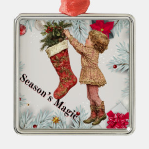Vintage "Kleines Mädchen hängt Socke" Ornament Aus Metall