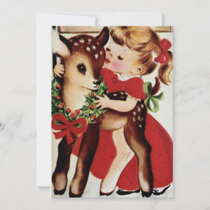Vintage kleines Mädchen küsst Baby-Weihnachtshirsc Feiertagskarte