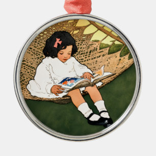 Vintage kleines Mädchen liest in einer Hängematte Ornament Aus Metall